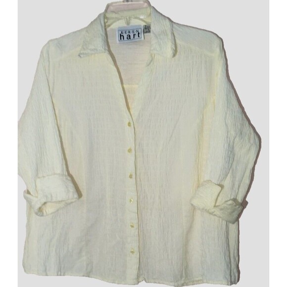 KEREN HART sz M 99% Cotton Shirred Stretch Blouse Light Yellow Ruched 3/4 Sleeve - Picture 1 of 6